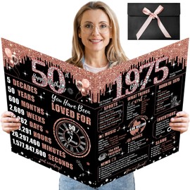 Uiorgui Large 50th Birthday Card for Women with Envelope, Black Rose Gold Happy 50th Birthday Guest Book Gifts Jumbo Fifty Greeting Card Back in 1975 Decorations Party Supplies