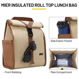 MIER Insulated Lunch Bag Roll Top Lunchbox for Women Men Adults Foldable Rolltop Lunch Tote with Shoulder Strap for Work Office Picnic, Water Bottle Holder, Khaki
