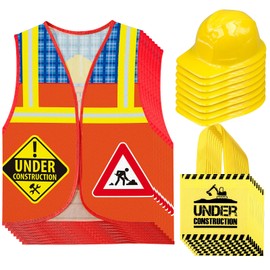Construction Party Favor, 8 Construction Vests | 8 Plastic Hats | 8 Non Woven Bags for Kids Dress up Birthday Party (SIGNS)