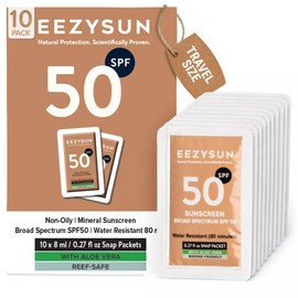 EEZYSUN Paquetes De Protector Solar Minerales Spf 50 Tamaño Viaje  Infundido Con Aloe Vera  Vegano Y Seguro Para Arrecifes  Amplio Espectro, No Grasa 