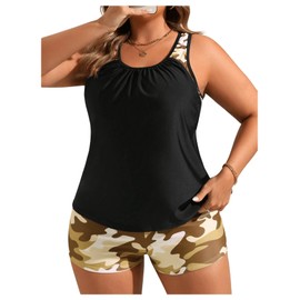 SOLY HUX Women's Plus Size Tankini Set Floral Print Tops and Shorts Bikini Bathing Suits 2 Piece Swimsuit Beige Camo 4XL