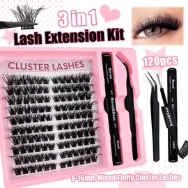 DIY Eyelash Extensions Set, 8-16 mm, Mixed Fluffy Eyelashes, Individual False Eyelash Clusters with Eyelash Glue and Tweezers for Beginners, Reusable Eyelash Clusters (10A)