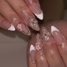 Flower Press on Nails Medium Almond Fake Nails White French Tip False Nails with 3D Floral Design Glossy Glue on Nails Full Cover Stick on Nails Elegant Acrylic Nails for Women Manicure 24Pcs