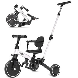 XJD Toddler Bike, 6 in 1 Folding Toddler Tricycle for 1-4 Year Old with Parental Control Handle, Balance Bike with Removable Pedal, Backrest, Adjustable Seat, First Birthday Gifts (White)