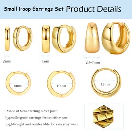 Sterling Silver Hoop Earrings for Women Men, Small Chunky Huggie Hoop Earrings Set of 3 | Hypoallergenic Gold Hoops Cartilage Earrings Jewellery Gift for Ladies Girls Birthday Graduation, 8/10/12mm