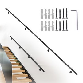 Patavin 12Ft Industrial Metal Stairs Handrail Kit, Sturdy Wall Mount Aluminum Hand Rail, Indoor Outdoor Stair Railing Wood Concrete Brick Wall,1.5 in Round Pipe Grab Bar, Matte Black-12FT