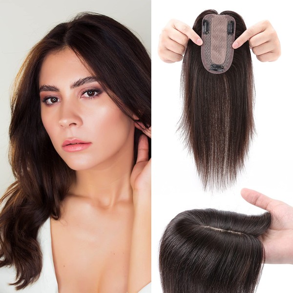 Clip-In Real Hair Topper Extensions Real Hair Pieces Real Hair Toupee for Women Toupee Hairpiece 130% Density Hair Extensions 45 cm - 53 g 02# Dark Brown