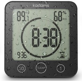 KADAMS Shower Clock Waterproof Bathroom Timer – Digital Wall Clock with Countdown, Magnetic Kitchen Clock with Temperature & Humidity, Suction Cup for Kids Shower Spa Sauna Cook Bath (Black)