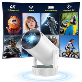 Mini Projector with WiFi and Bluetooth, Built-in Rechargeable Battery Support 4K Auto Keystone 220° Rotation, Outdoor Movie Smart Projector for Bedroom/Home Cinema Compatible w Phone/TV Stick/HDMI/USB