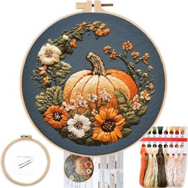 FONNUY Pumpkin Embroidery Kit for Beginners, Pre-Stamped Pattern Kits for Adults with Hoop, Easy to Follow Color Thread Needlework, 8'' Hoop (Yellow)