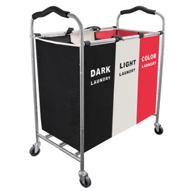 240L Laundry Hamper, Large Blanket Storage Basket Sorter 3 Section Bag Organizer for Dirty Clothes - Toys - Towel,16 X 34 X 35 inch Heavy Duty Laundry Cart Baskets (Black and white Red wheel)