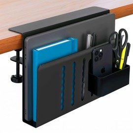 JollyDesk Desk Side Storage, Steel Side Desk Organizer, Clamp on Laptop Mount with Magnetic Pen Holder, No Drill Under Desk Laptop Holder, Table Hanging Storage for Home & Office Organization – Black