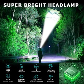 ADDplus ADDplus LED Headlamp Rechargeable, 9900 Lumens Super Bright Head Lamp with Motion Sensor, 5 Modes & 120Adjustable & IPX7 Waterproof USB Rechargeable Head Light for Hiking, Camping, Running