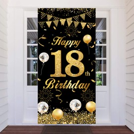 18th Birthday Banner Black Gold, 18 Year Birthday Decoration Door Background for Boy Girl, Large Fabric 18th Birthday Party Decoration Door Banner for Table Wall Decoration, 180 x 90 cm