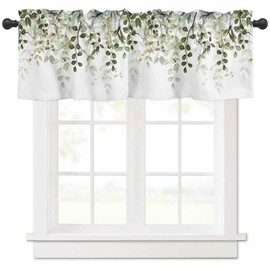 Sage Green Eucalyptus Leaves Curtain Valance for Windows Watercolor Plants Botanical Farmhouse Window Treatments 1 Panel Rod Pocket Short Curtains for Kitchen Windows Bathroom Bedroom,54 x 18 Inch