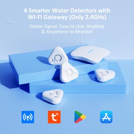 Smart Water Leak Detectors for Home WiFi with App Alerts, Stechro Ajustable 120dB Water Sensor Alarm Leak Detector for Basements Sink Kitchen Laundry, 4 Water Sensors & 1 Gateway