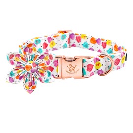 Elegant Little Tail Valentine's Dog Collar, Large Dog Collar with Pink Floral Heart Pattern, Unique Removable Flower Decoration, Cotton Material, Fits Dogs 16-24 Inches