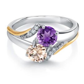 10K Yellow Gold and 925 Silver Peach Morganite and Purple Amethyst and White Lab Grown Diamond Accent Engagement Ring For Women (0.90 Cttw, Gemstone October Birthstone, Round 5MM, Size 5)