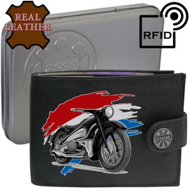 Biker Classic Vintage Motorbike Motorcycle Netherlands Flag Mens Wallet Gift Box KLASSEK Brand Real Black Leather RFID Blocking with Coin Pocket