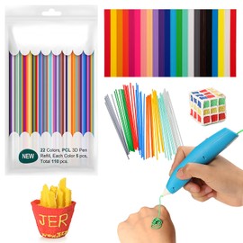 xlwen s 3D Pen Filament PCL, 110 Pieces, 22 Colours, 3D Pen PCL Filament, 3D Pen Filament PCL Refills, 2.5 mm, 5 Pieces of Each Colour, Suitable for 3D Printing Pens
