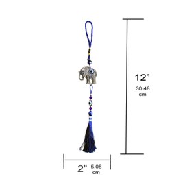 LUCKBOOSTIUM - Silver Ornate Elephant Hanging Charm with 2 Evil Eyes and a Blue Tassel, Hanging Ornament Symbol of Good Fortune for Car, Home and Office, Great Gift, Blue, Silver, 2” x 12”
