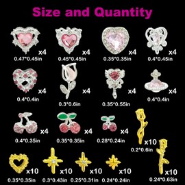 104PCS Silver Nail Charms and Gems,Heart,Cherry,Flower,Planet,Gold Rose,Starburst Charms for Nails Design,3D Alloy Y2k Nail Jewels Bulk Nail Art Decor Set