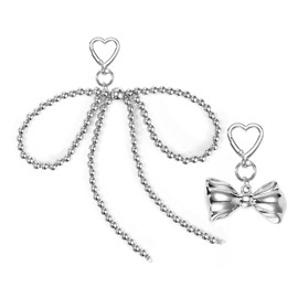 2pcs Bow Keychain, Silver Cute Alloy Keychain Heart Bowknot Purse Key Ring Phone Bag Car Key Charm Bread Bow Accessories for Women Ladies Decoration