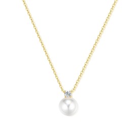 FRUMOS 14K Gold Plated Crystal Pendant Necklace Cubic Zirconia Pendant Necklaces for Women Elegant Pearl Pendant Choker Necklaces (White Pearl Pendant Gold)