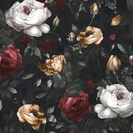 Floral Wallpaper Peel and Stick, Dark Black/Yellow/White Vintage Floral Contact Paper, Waterproof Self Adhesive Boho Rose Wall Paper for Bedroom Walls Table Bookcase Drawers Decor 17.5in x 118in