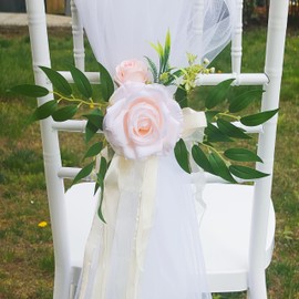 Huilimei 2pcs Wedding Chair Back Flowers, Artificial Rose Flowers Decoration,Wedding Aisle Decor,Pew Chair Decoration with Ribbons for Ceremony (Pink)