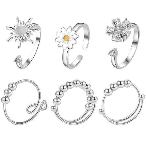 JewelryWe Anxiety Rings for Women, 6 PCS Open Rings Adjustable Fidget Ring Stress Relief Rings with Sunflower Daisy Charm Rings Set