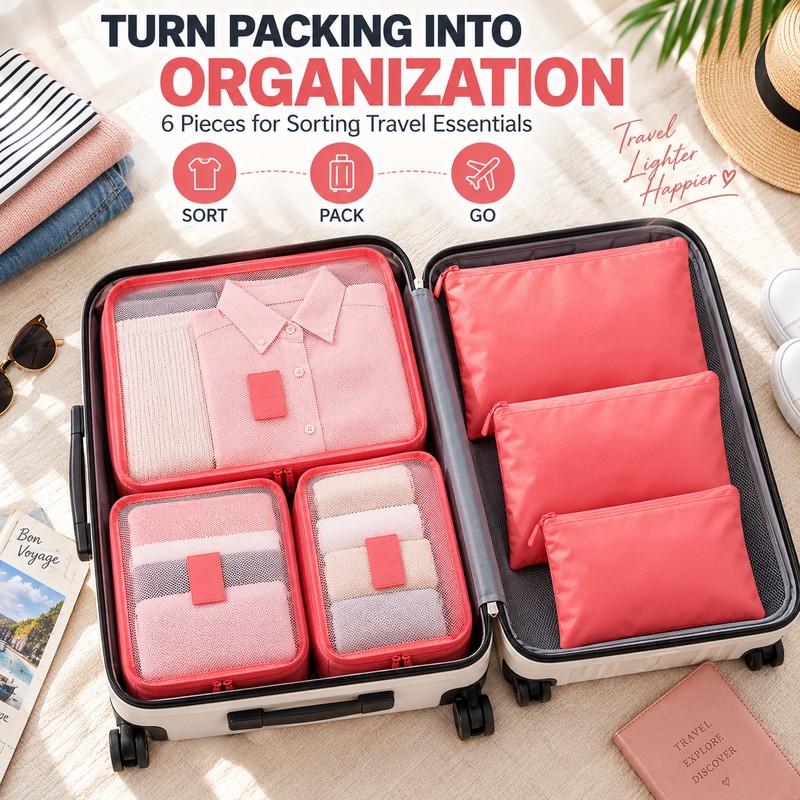 6-Piece Travel Packing Organizer Set for Luggage – Lightweight Reusable