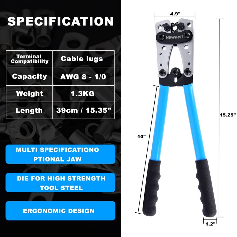 Newdeli Battery Cable Lug Crimping Tool 10-1/0 AWG with Wire