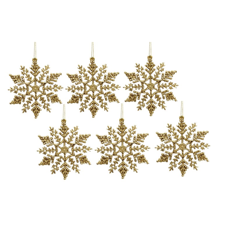 12pk Glitter Snowflake Hanging Decorations, Christmas Tree Snowflake Baubles/Ornaments (Gold)