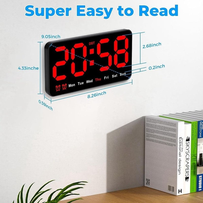 HiCOZZIE Digital Wall Clock, 9Inch LED Digital Clock Large Display