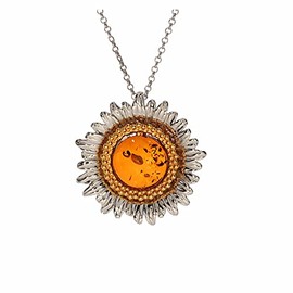 Artisana-Schmuck Amber Sunflower Pendant (without Chain) Set in 925/000 Sterling Silver Partly Rhodium-Plated Partly Gold-Plated (without Chain), 925/000 sterling silver, rhodium-plated, partly