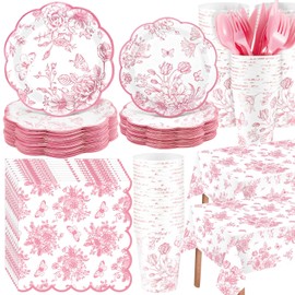 Yungyan 194 Pcs Pink Floral Party Decorations Disposable Pink White Toile Chinoiserie Plates and Napkins Tablecloth Cups Tableware Favors Set For Bridal Baby Shower Wedding Tea Party Decorations