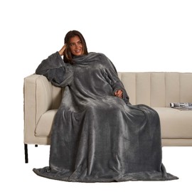 OHS Blanket with Sleeves Women Grey, Soft Cosy Wearable Blanket Fluffy Sherpa Fleece Snuggle Blanket Relaxing Winter Present for Her Him