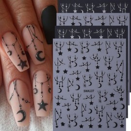 Star Nail Art Stickers Moon Nail Decals Cute Fall Nail Supply Black Silver Nail Slider Sticker Shiny Star Accessories Adhesive Stars Sticker for Women DIY Charms 4PCS