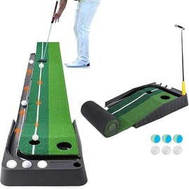 Tapete de Golf, Práctica de Putting de Golf de 3 m, Tapete de Putt de Doble Pista Compacto Portátil con Sistema de Retorno de Bola, Adecuado para Entr