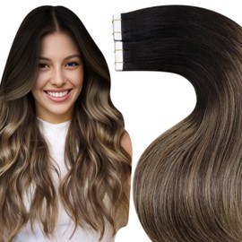 LaaVoo Tape-In Real Hair Extensions, Black, Ombre, Brown, Balayage, Caramel Blonde, Tape in Wefts, Remy Hair, Skin Weft Extensions, Straight, 50 g/20 Pieces, 45 cm