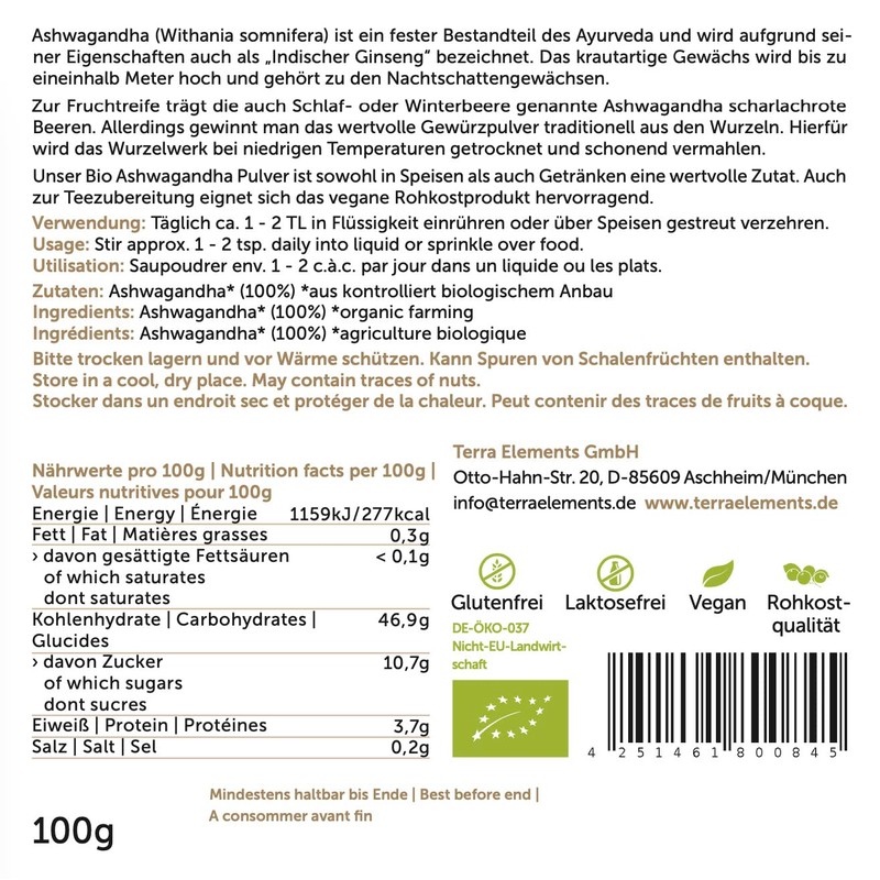 Terra Elements Organic Ashwagandha Powder, 100 g, Indian Ginseng, Sleeping