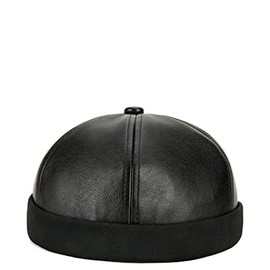 Teanea Unisex Faux Leather Docker Cap Brimless Leon Hat Skull Cap Beanie for Men Women, Black