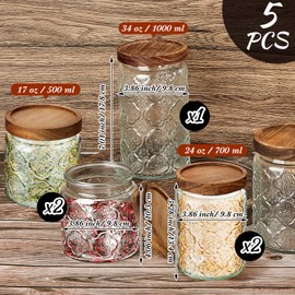 Gerrii 5 Pcs Vintage Glass Food Storage Containers 17/24/34 oz Glass Jar with Lid Begonia Pattern Glass Airtight Candy Jar Food Jars Canisters for Kitchen Counter Pantry Coffee Tea Beans (Round)