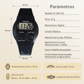 Orologio parlante in spagnolo per non vedenti - con voce chiara per non veggenti e adulti più anziani | dice automaticamente l'ora e allarme | Include cinturino in nylon resistente