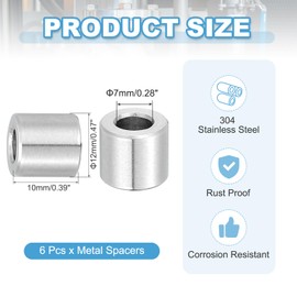 PATIKIL 6 Pcs Stainless Steels Spacers, 7mm ID x 12mm OD x 10mm Height 304 Stainless Steel Bushing Screw Standoff Unthreaded Round Spacer for 1/4" M7 Screws Bolts Nuts