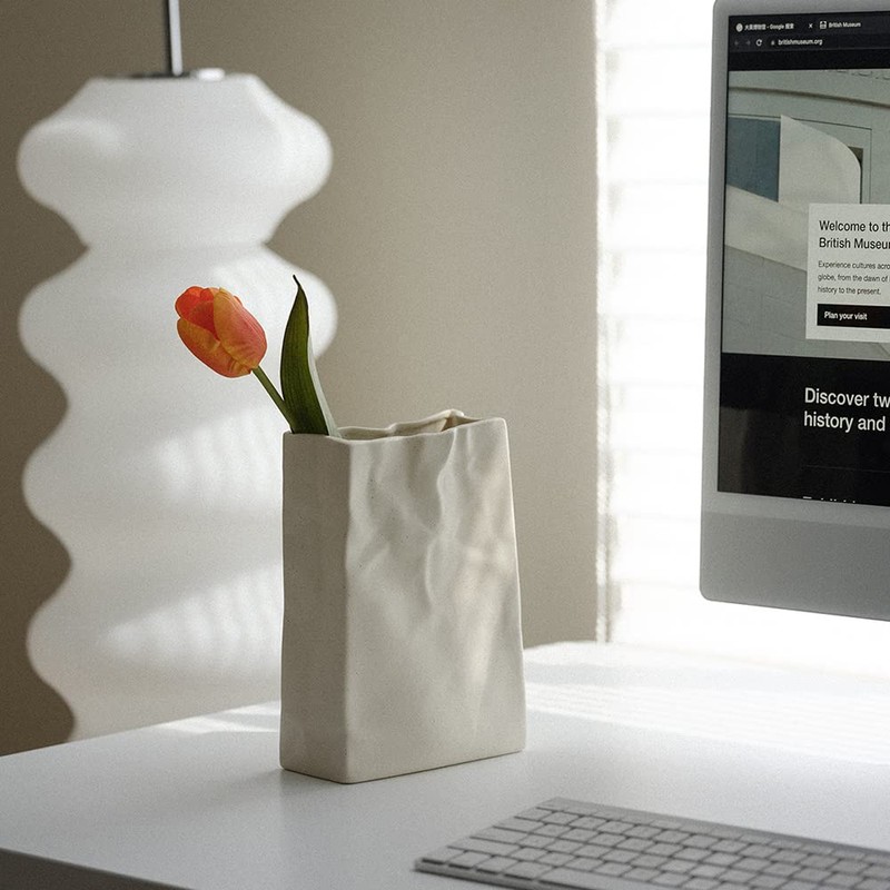 Crinkle Paper Bag Shape Ceramic Vase, Large Capacity for Flower