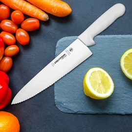 Dexter Russell S145-10SC-PCP Sani-Safe 12453 Chef’s Knife, 10" Scalloped Edge High Carbon Steel Blade, Stain-Free Polypropylene White Handle, Cook’s Tool, Non-Slip Textured Grip, Made in USA