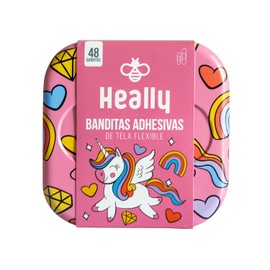Bandas Adhesivas de Unicornios para Niños, 48 piezas, Banditas de Tela, Con Almohadilla, Transpirable, 2 Tamaños, Lata de Aluminio, Hipoalergénicas, Heally.