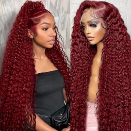 Bworto Burgundy Wig Human Hair 99j Burgundy 13x6 Deep Wave Lace Front Wigs Human Hair Pre Plucked HD Transparent Lace Frontal Wigs for Black Women Red Colored Wig 24 Inch